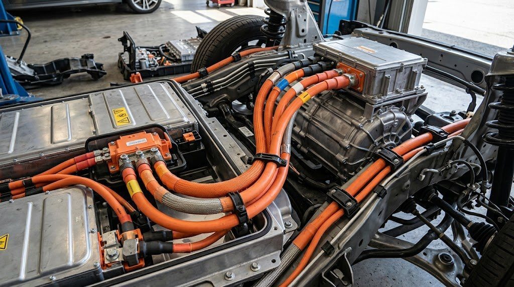 A High-Current Battery Connection Cable links battery modules and feeds power to the inverter and motor